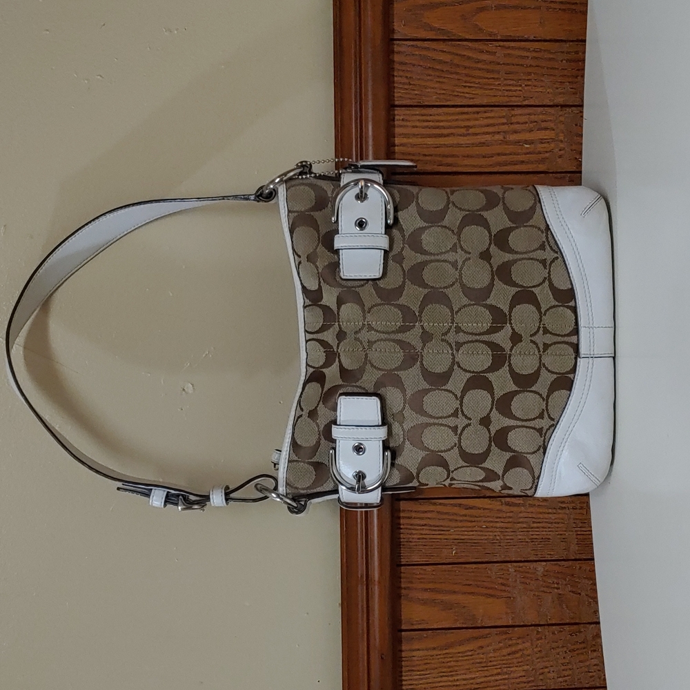 Coach Signature Jacquard Cream Leather Shoulder Bag